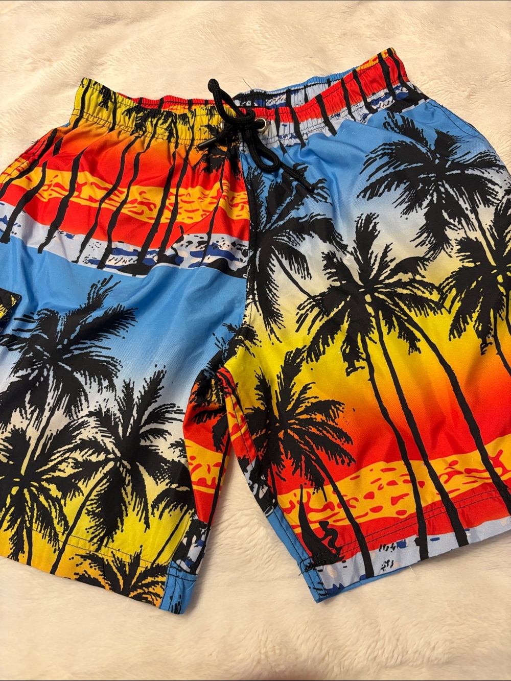 Men's Tropical Palm Sunset Swim Trunks - Blue/Yellow/Red